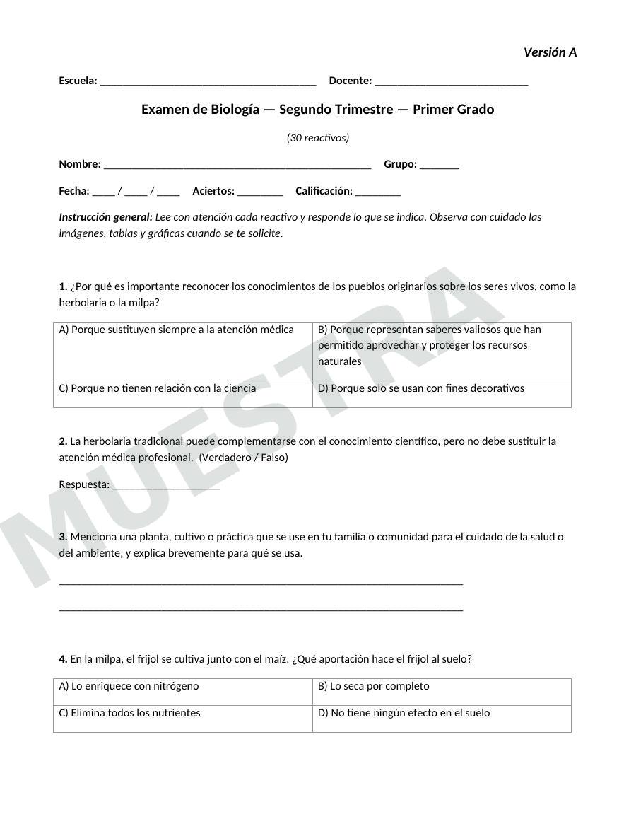 Página de muestra: Examen trimestral de Biología para 1.º de secundaria