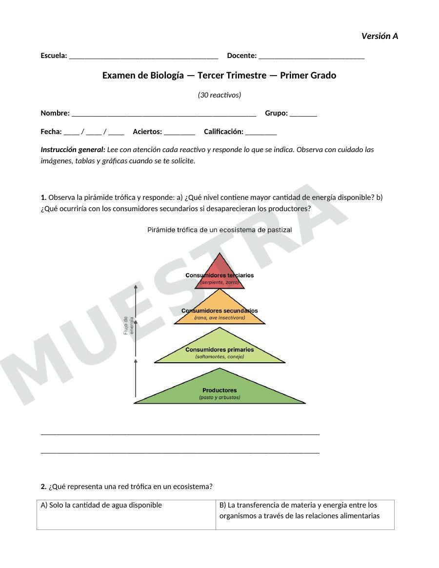 Página de muestra: Examen trimestral de Biología para 1.º de secundaria