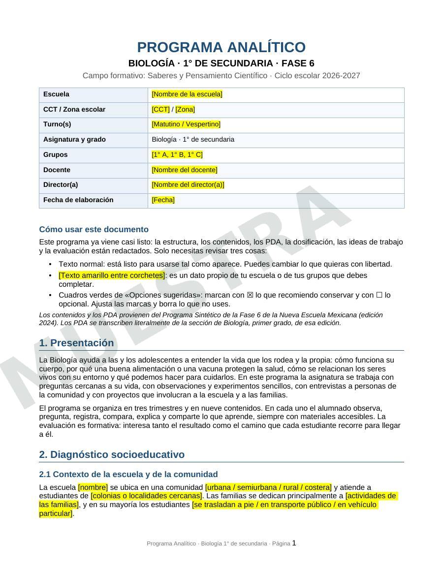 Página de muestra: Programa analítico de Biología, 1.º de secundaria 2026-2027