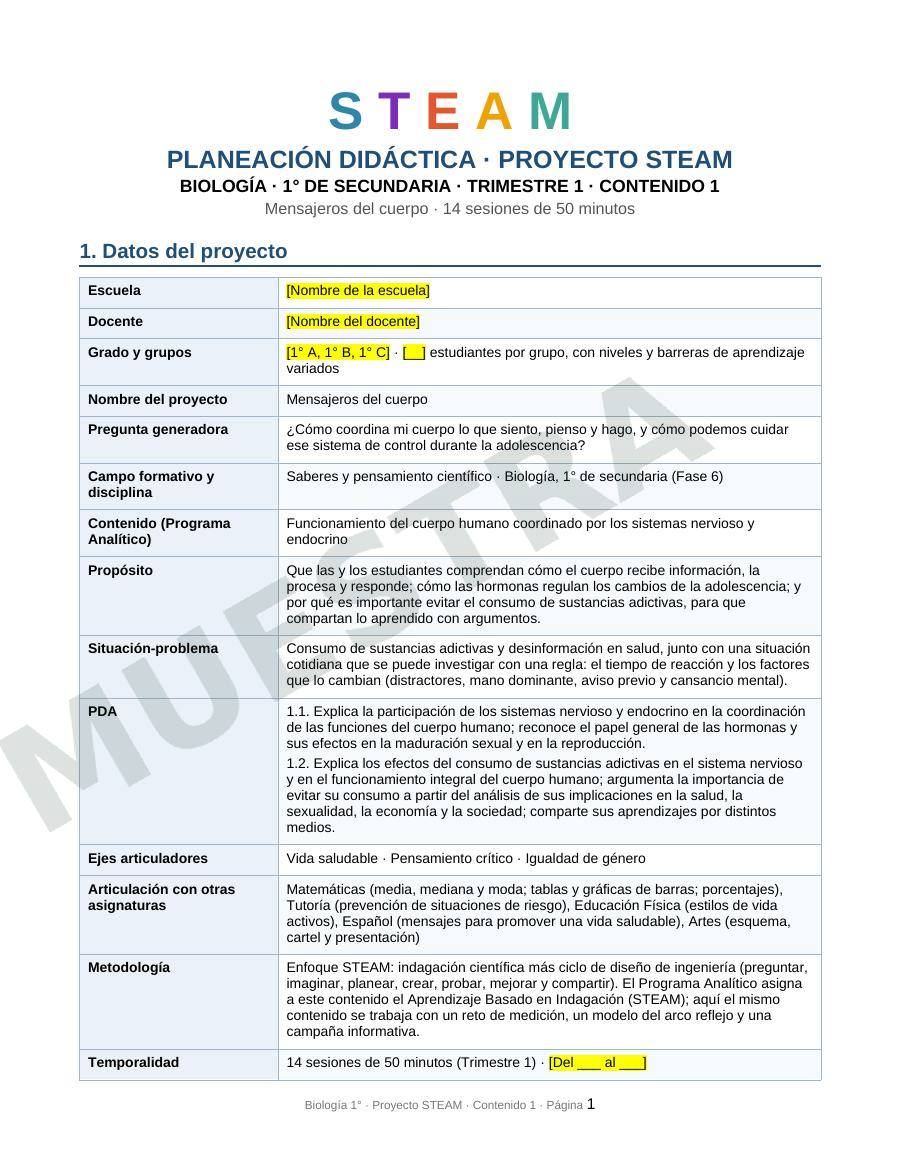 Página de muestra: Planeación STEAM de Biología para 1.º de secundaria
