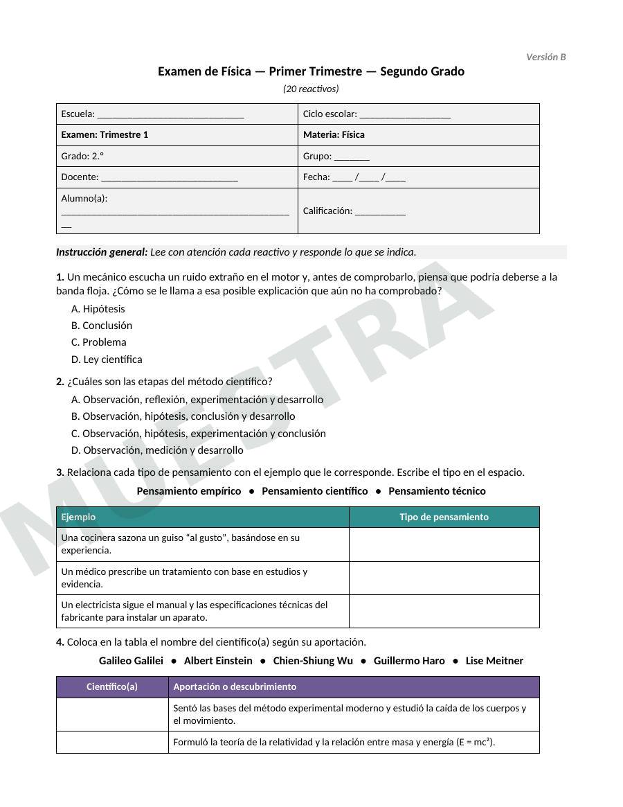 Página de muestra: Examen trimestral de Física para 2.º de secundaria