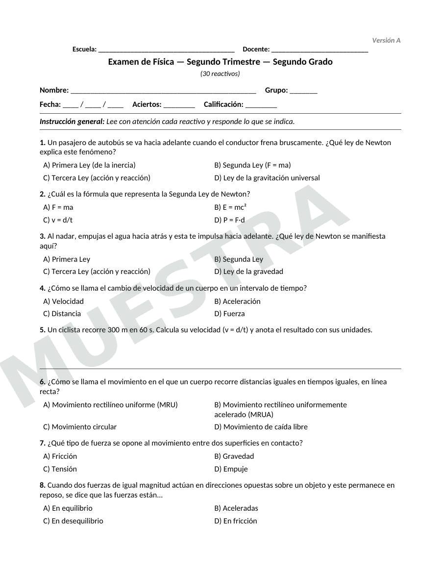 Página de muestra: Examen trimestral de Física para 2.º de secundaria