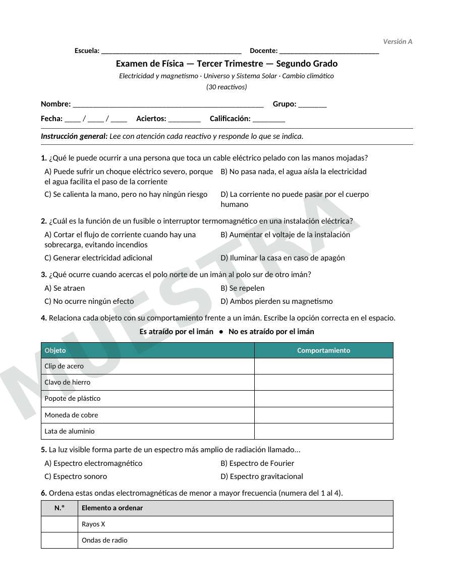 Página de muestra: Examen trimestral de Física para 2.º de secundaria